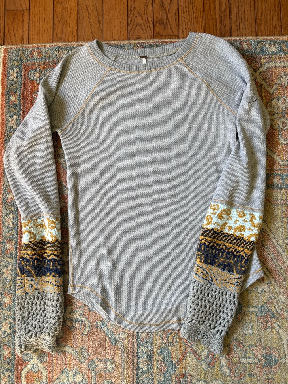 Free People Light Gray Crewneck Sweater with Navy & Mustard Sleeve Accents